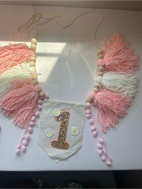 Pink & Cream First Birthday Tassel Banner Garland with Glitter Number